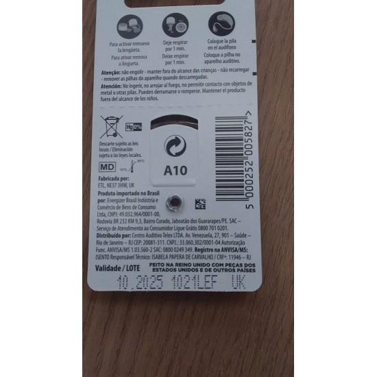 PILHA AUDITIVA Nº 10 OTICON - 1 CARTELA COM 6 BATERIAS